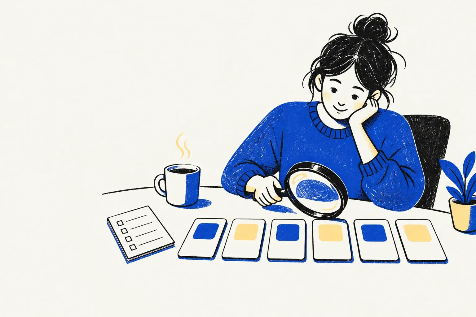 Illustration of a person comparing six app cards with a magnifying glass